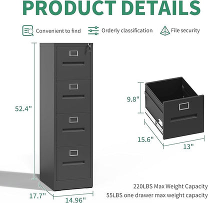 4 Drawer File Cabinet,Metal Filing Cabinets with Lock,Black Vertical File Cabinet for Home Office,Heavy Duty Metal Storage Cabinet for A4/Letter/Legal Size File,Assembly Required