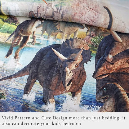 WINLIFE Dinosaur Comforter Set Queen Kids Dinosaur Bedding Set Jurassic Jungle Dino Comforter Sets for Boys Teens, Lightweight Easy Care Bed Linen Set (3 Pieces, Queen)