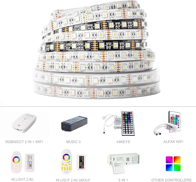 BTF-LIGHTING 5050 RGBW RGB+Cool White(6000K-7000K) 4 Colors in 1 LED Tape Light DC12V 5m 16.4ft 60LED/m Multi-Colored IP65 White 12mm PCB for Bedroom Kitchen Home Decoration(No Adapter or Controller)