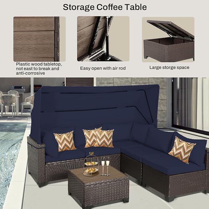 6 PCS Outdoor Patio Furniture Set,Sectional Sofa Set,Rattan Daybed with Retractable Canopy,Adjustable Backrest,Storage Coffee Table,Chaise Chair Sunbed for Garden Poolside Backyard(Navy Blue)