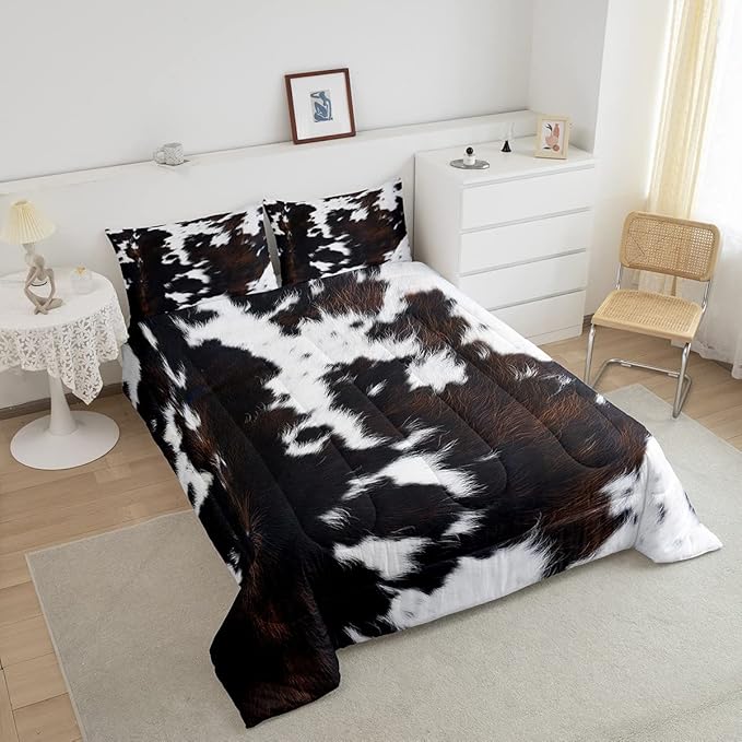 Brown Cowhide Comforter Set Full,Black White Aztec Cow Print Bedding Set Western Farmhouse Animal Fur Down Comforter for Kids Boys Girls,Rustic Cowboy Quilt Duvet Set 2 Pillow Cases Bedroom Decor