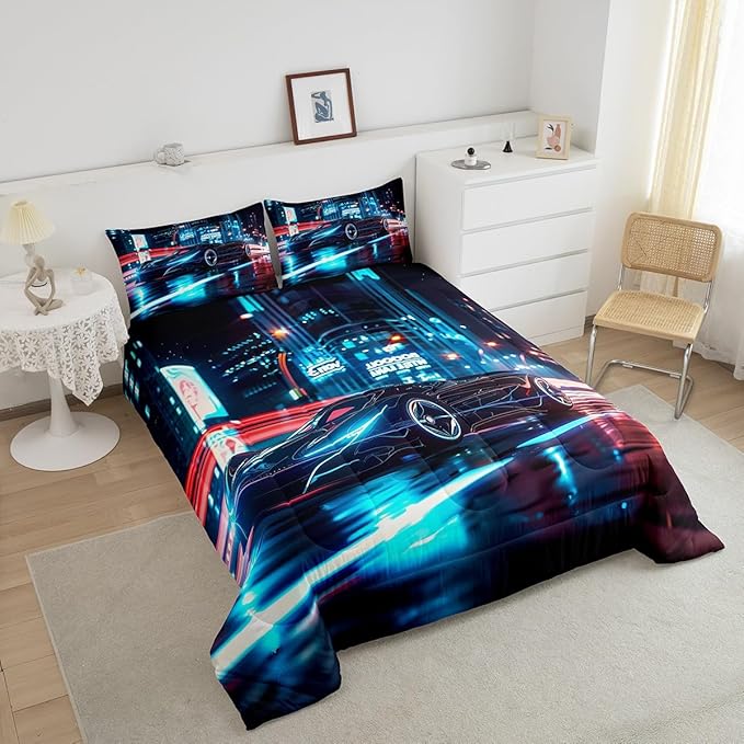 Feelyou City Racing Car Bedding Set Queen Size for Kids Boys Extreme Sport Games Comforter Set Teens Toddler Fast and Furious Duvet Set Cool Modern Quilt Set 3Pcs