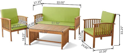 Christopher Knight Home Carolina Outdoor Acacia Wood Sofa Set with Water Resistant Cushions, 4-Pcs Set, Brown Patina / Light Green