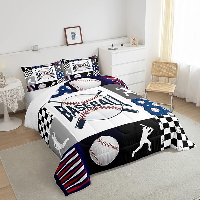 Kids Baseball Comforter Set Full Size Bed,Teen Boys Sports Baseball Bedding Set Sport Baseball Quilt Set Patchwork Geometric Checkered Soft Lightweight Comforter Balck White Navy Blue 2 Pillowcases