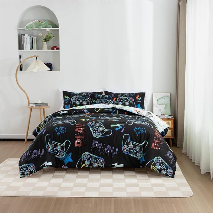 Meeting Story Gamer Gaming Bedding Sets Fluorescence Gamepad Comforter Set for Boys Games Console Action Buttons Novelty Colorful Modern Room Decor Home Quilt Set (Black, Twin6pcs)