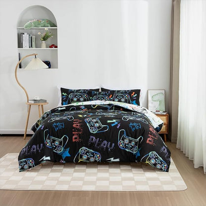 Meeting Story Gamer Gaming Bedding Sets Fluorescence Gamepad Comforter Set for Boys Games Console Action Buttons Novelty Colorful Modern Room Decor Home Quilt Set (Black, Twin6pcs)