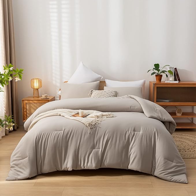 King Comforter Set Tannish Grey Solid Color Lightweight Bedding Comforter Sets 3pcs (1 Comforter, 2 Pillowcases) Soft Microfiber Down Alternative Comforter for All Season