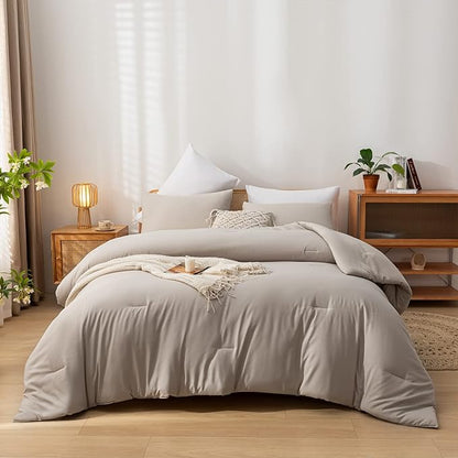 King Comforter Set Tannish Grey Solid Color Lightweight Bedding Comforter Sets 3pcs (1 Comforter, 2 Pillowcases) Soft Microfiber Down Alternative Comforter for All Season