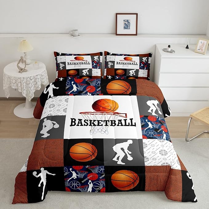 Basketball King Comforter Set For Boys Sports Bedding Set Basketball Athlete Bed Comforter Sets Patchwork Style Orange Black White Grey Soft Lightweight Quilt Duvet Insert 2 Pillow Cases Room Decor