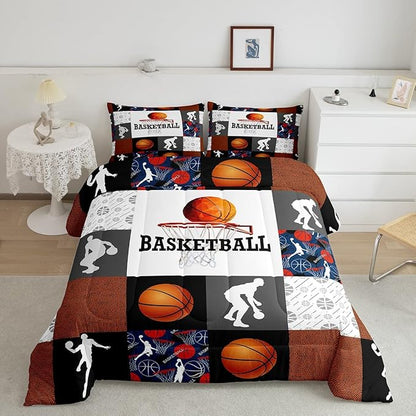 Basketball Twin Comforter Set For Boys Sports Bedding Set Basketball Athlete Bed Comforter Sets Patchwork Style Orange Black White Grey Soft Lightweight Quilt Duvet Insert 1 Pillow Case Room Decor