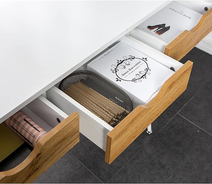 DlandHome Computer Desk with Drawers Mid Century Modern Desk 43 Inches Vanity Desk with 3-Drawers, Office Desk with Drawers Writing Desk Study Table Makeup Tables, Bedroom Dresser Table