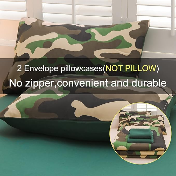 Meeting Story Camouflage Bedding Set, Green Camouflage Comforter Set, 5 PCS One Comforter and Two Pillowases, All Season Soft Bedspread for Boys Teens Adults (Green, Twin 5Pcs)
