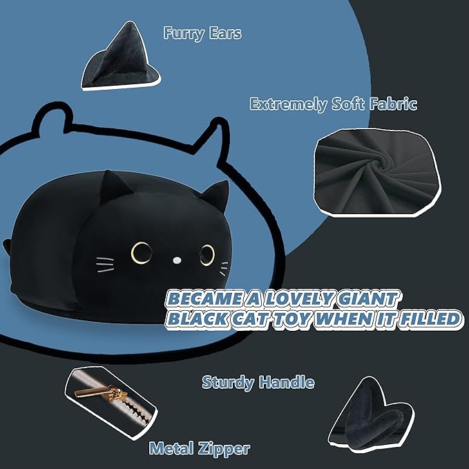 Stuffed Animal Storage Bean Bag Chair Cover for Kids Black Cat Beanbag Chair for Girls Large Size Toy Organizer Cover Only Without Filling
