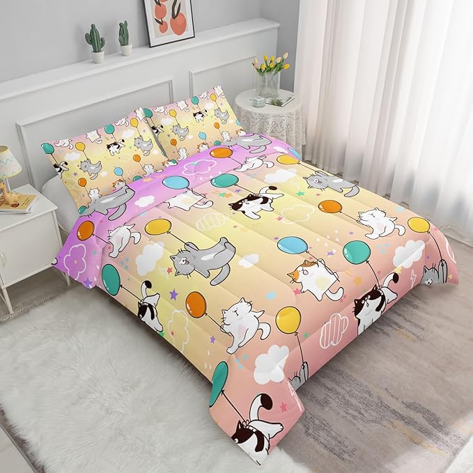 Datura home Kids Comforter Set Cute Cats Printed Pattern Bedding Set with 1 Comforter and 2 Pillowcases for Girls Boys Bedroom All Season(Cat1 Full)