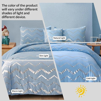 Blue/Silver Comforter Set Queen, Metallic Print Glitter Bedding Set Cute Shinny Bed Sets for Teen Girls Kids Women, 4 Piece (2 Pillowcases, 1 Decorative Pillow Sham)