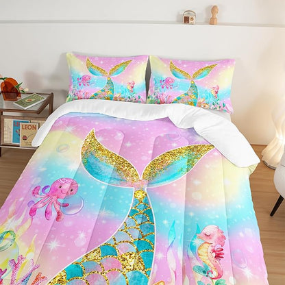 HOSIMA Mermaid Comforter with 2 Pillowcases,Girly Rainbow Bedding Set Mermaid Tail Comforter,Glitter Gold Fish Scales King Size Comforter Set,Cute Sea Animal Octopus Seahorse Comforter.