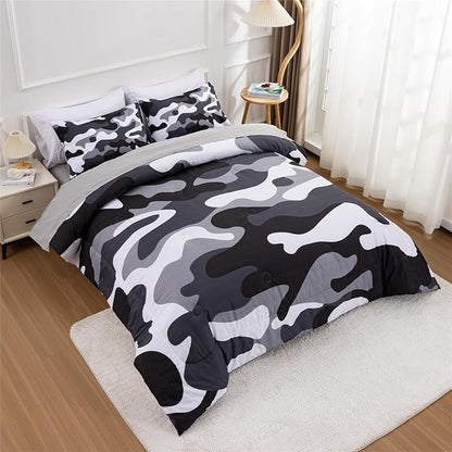 Meeting Story Camouflage Bedding Set, Colorful Pattern Style Comforter Set, 5 PCS One Comforter Two Pillowcases Two Sheets in One Bag, All Season Bedspread for Teens Adults (Grey,Queen5pcs