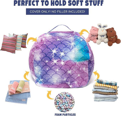 Stuffed Animal Storage Bean Bag Chair Cover, Hold Kids Plush Toys Blankets Towels Beanbag (Cover Only), Floor Circle Stuff Sit Seat Sofa with YKK Zipper, Extra Large 38", Classic Mermaid
