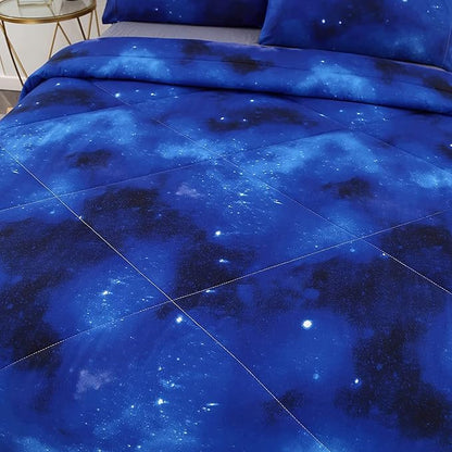 3PCS Blue Galaxy Comforter Set Queen Size, Bed in a Bag Summer Quilt Queen Size, Lightweight and Fade Resistant, Cute Bed Set for Boys Girls Toddler Kids and Teens, Queen