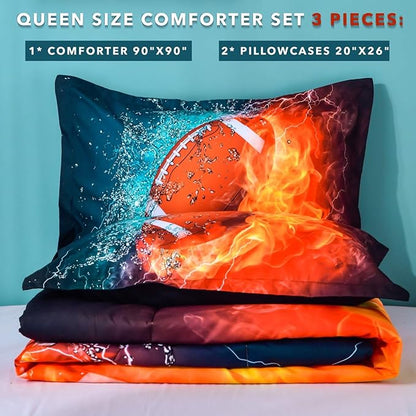 Andency 3D Football Comforter Queen(90x90 Inch), 3 Pieces(1 Football Comforter, 2 Pillowcases) Sport Microfiber Comforter Set Bedding Set for Boys Kids Teens