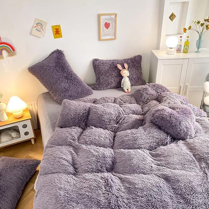 Faux Fur Kid Girls Purple Comforter Sets Twin/Full - 3PC Bed Set Warm Comfortable Soft Plush Flannel Velvet Fluffy Fuzzy Bedding（Comforter x 1 Pillowcases x 2）