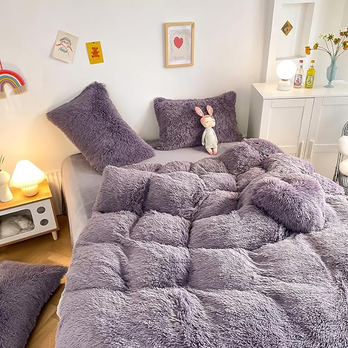 Faux Fur Kid Girls Purple Comforter Sets King - 3PC Bed Set Warm Comfortable Soft Plush Flannel Velvet Fluffy Fuzzy Bedding（Comforter x 1 Pillowcases x 2）