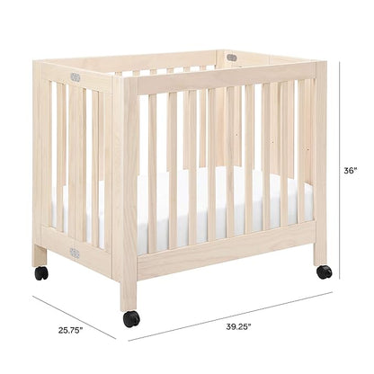 Babyletto Origami Mini Portable Crib Folding with Wheels in Washed Natural, 2 Adjustable Mattress Positions, Greenguard Gold Certified