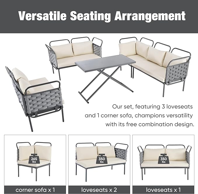 5-Piece Woven Rope Outdoor Patio Furniture Sets, L-shaped Conversation Sectional Sofa with Loveseat, Corner Couch, Glass Table and Removable Cushions, for Garden Backyard, Onesize, Gray+Beige