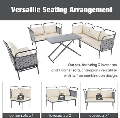 5-Piece Woven Rope Outdoor Patio Furniture Sets, L-shaped Conversation Sectional Sofa with Loveseat, Corner Couch, Glass Table and Removable Cushions, for Garden Backyard, Onesize, Gray+Beige