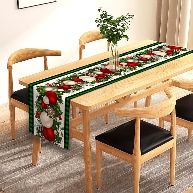 Nepnuser Black and Green Buffalo Check Plaid Christmas Table Runner 90 Inches Long Gingham Xmas Decoration Holiday Home Kitchen Decor