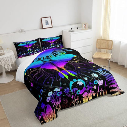 Erosebridal Moth Comforter Set Hippie Psychedelic Sun and Moon Bedding Set Full,Purple Blue Ombre Galaxy Floral Botanical Comforter for Girls Teens Women Stars Planet Quilt Duvet 2 Pillowcases