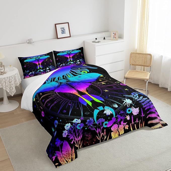 Erosebridal Moth Comforter Set Hippie Psychedelic Sun and Moon Bedding Set Queen,Purple Blue Ombre Galaxy Floral Botanical Comforter for Girls Teens Women Stars Planet Quilt Duvet 2 Pillowcases