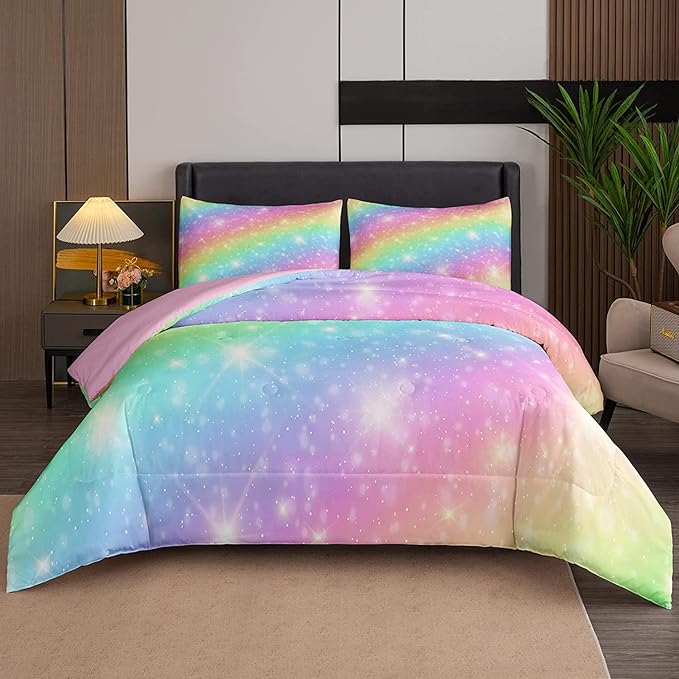 NINENINE Girls Bedding Twin Size 5PCS Rainbow Comforter Twin Size Bedding Sets for Girls Pink Comforter Set(1Comforter, 1Flat Sheet, 1Fitted Sheet, 2Pillowcases)…