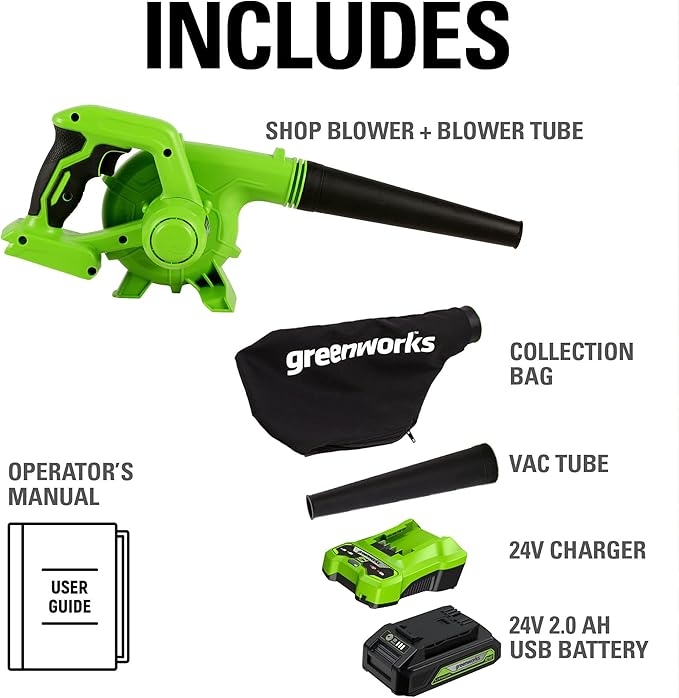 Greenworks 24V (90 MPH / 180 CFM / 125+ Compatible Tools) Cordless Shop Blower, 2.0Ah Battery and Charger Included
