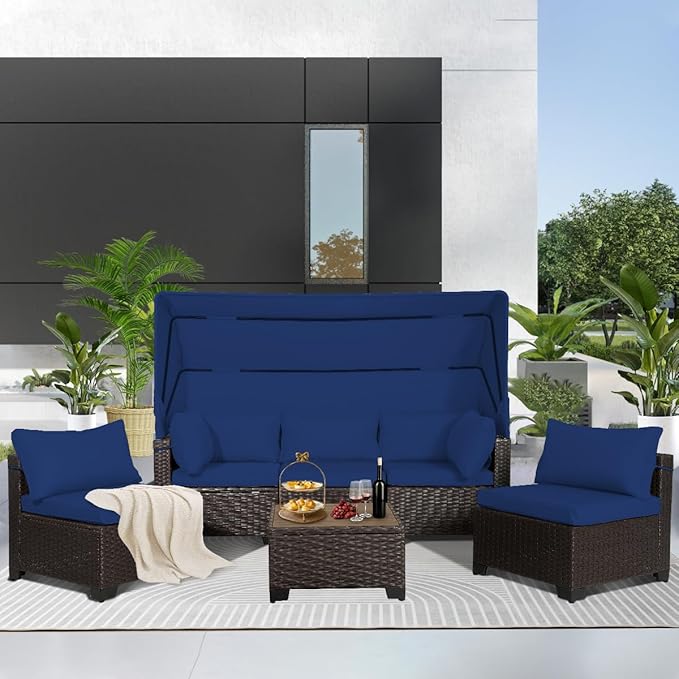 6 PCS Outdoor Patio Furniture Set,Sectional Sofa Set,Rattan Daybed with Retractable Canopy,Adjustable Backrest,Storage Coffee Table,Chaise Chair Sunbed for Garden Poolside Backyard(Dark Blue)