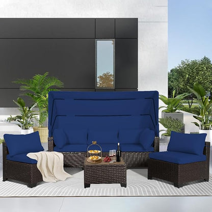 6 PCS Outdoor Patio Furniture Set,Sectional Sofa Set,Rattan Daybed with Retractable Canopy,Adjustable Backrest,Storage Coffee Table,Chaise Chair Sunbed for Garden Poolside Backyard(Dark Blue)