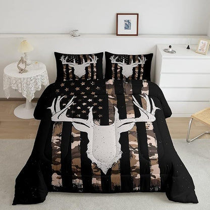 Erosebridal American Flag Comforter Set, Deer Hunting Bedding Twin Size for Kids Boys Teens Bedroom, Brown Military Camo Bedding Comforter Sets USA Federations Stars Duvet Insert with 1 Pillowcase