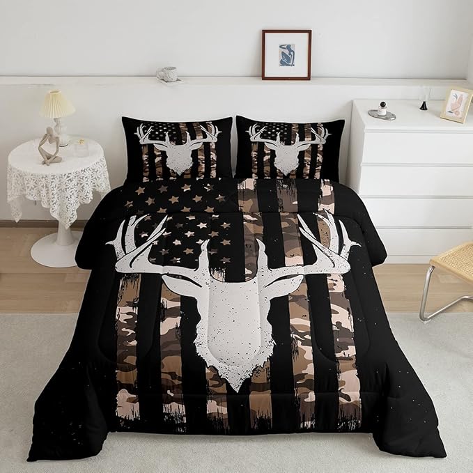 Erosebridal American Flag Bedding Full, Hunting Deer Theme Comforter Set for Kids Boys Youth Adults, Geometric Camo Stripes Bedding Comforter Sets Bedroom Decor with 2 Pillowcases