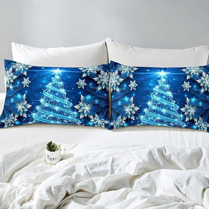 Feelyou Girls Christmas Tree Comforter Set Blue Xmas Theme Comforter Full Chic Winter Snowflake Bedding Set for Girls Daughter Bedroom Decor Soft Girly Glitter Quilted Duvet Winter Warm Bedding