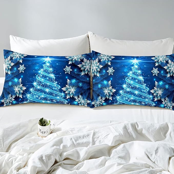 Feelyou Girls Christmas Tree Comforter Set Blue Xmas Theme Comforter Twin Chic Winter Snowflake Bedding Set for Girls Daughter Bedroom Decor Soft Girly Glitter Quilted Duvet Winter Warm Bedding