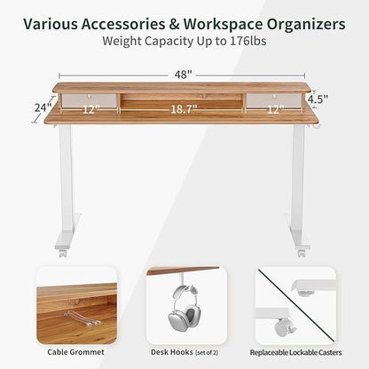 FEZIBO 48 x 24 Inch Height Adjustable Electric Standing Desk with Double Drawer, Stand Up Desk with Storage Shelf, Sit Stand Desk, Light Rustic
