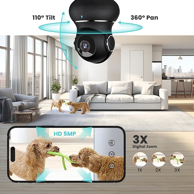 litokam 5ghz Indoor Security Camera, 5MP Cameras for Home Security with 5G/2.4G Dual-Band, Pet Cam with Phone App, AI Motion/Cry Detection, 360 Auto Tracking, Night Vision, Support NVR/Alexa