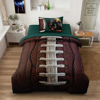 Teen Boy Football Bedding Set Twin Size, 4 Pieces American Football Comforter Set Twin, Kids Sports Bedding Bed in a Bag Set, Green Brown