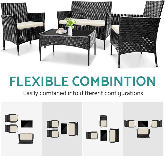 Patio Furniture, 4 Piece Conversation Set, Outdoor Wicker Rattan Table and Chairs, Sectional Sofa with Thick Cushion for Garden, Yard, or Porch, Dark Black