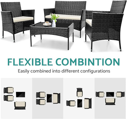 Patio Furniture, 4 Piece Conversation Set, Outdoor Wicker Rattan Table and Chairs, Sectional Sofa with Thick Cushion for Garden, Yard, or Porch, Dark Black