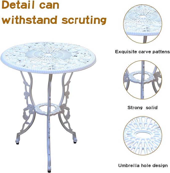 Patio Bistro Set.Rust-Resistant Cast Aluminum Bistro Table Set with Umbrella Hole for Backyard (Rose White)