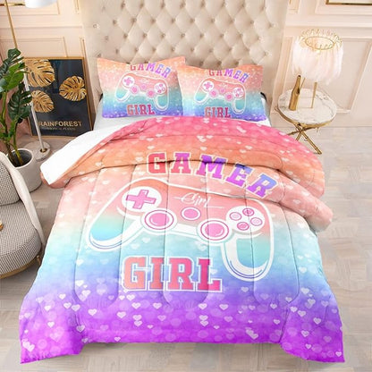 Gamer Girl Comforter Set Rainbow Gradient Gamepad Bedding Set Colorful Queen Size Microfiber Comforter with Pillowcase for Teens Kids Video Game Bedroom Decor