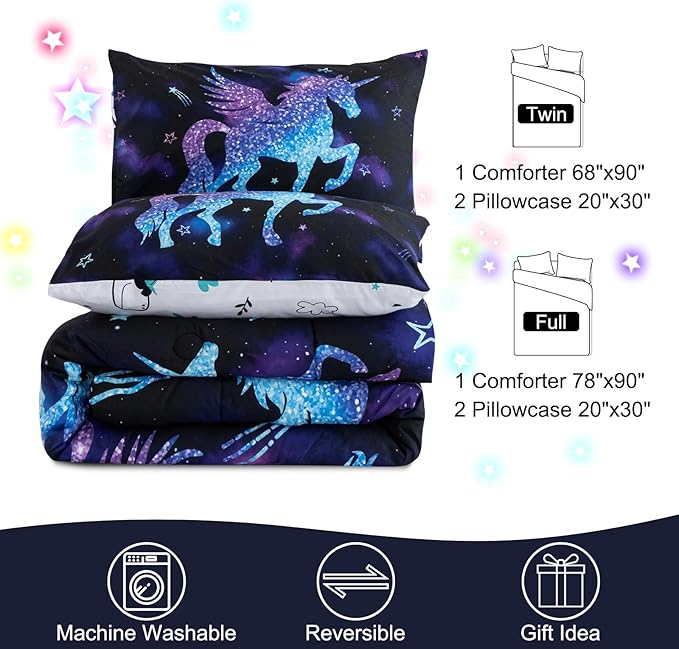 Meeting Story Dinosaur Comforter Set, Fluorescence Gradation Unicorn Twin Comforter Set, 3 PCS 1 Comforter and 2 Pillowcases in One Bag, All Season Bedspread for Kids Teens Adults（Full）