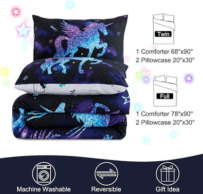 Meeting Story Dinosaur Comforter Set, Fluorescence Gradation Unicorn Twin Comforter Set, 3 PCS 1 Comforter and 2 Pillowcases in One Bag, All Season Bedspread for Kids Teens Adults（Full）