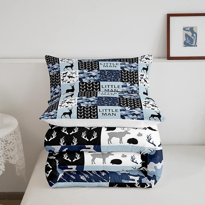Manfei Camo Deer Antlers Comforter Set Full, Geometric Checks Patchwork Bedding 3pcs for Room Decor, Boho Arrow Animals Quilt Set, Blue Xmas Duvet Insert with 2 Pillowcases (WWS10844GYY-BZ_USf)